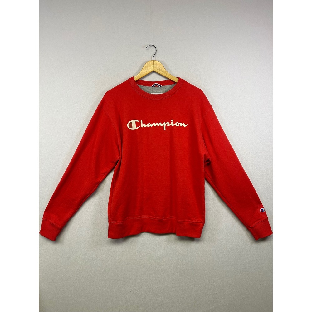 Streetwear Champion Mens Size M Red Script Logo Fleece Crewneck Sweatshirt GF88H